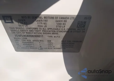 2013 Chevrolet Equinox 2Lt из США, поврежденный, VIN 2GNFLNEK8D6366611